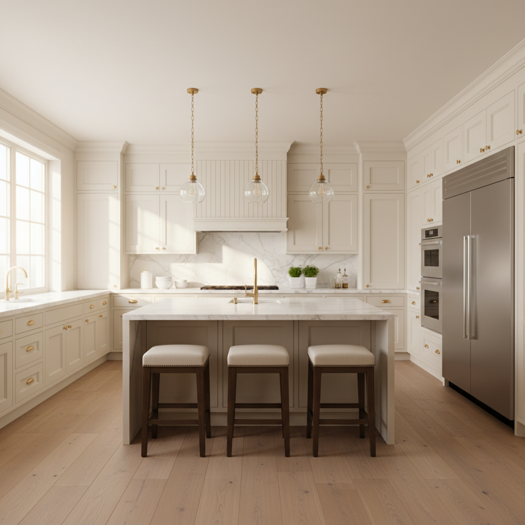 Bright upscale kitchen with integrated refrigerator and wall oven