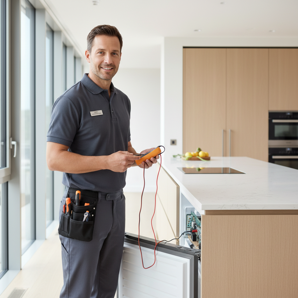 Professional technician inspecting a built-in refrigerator